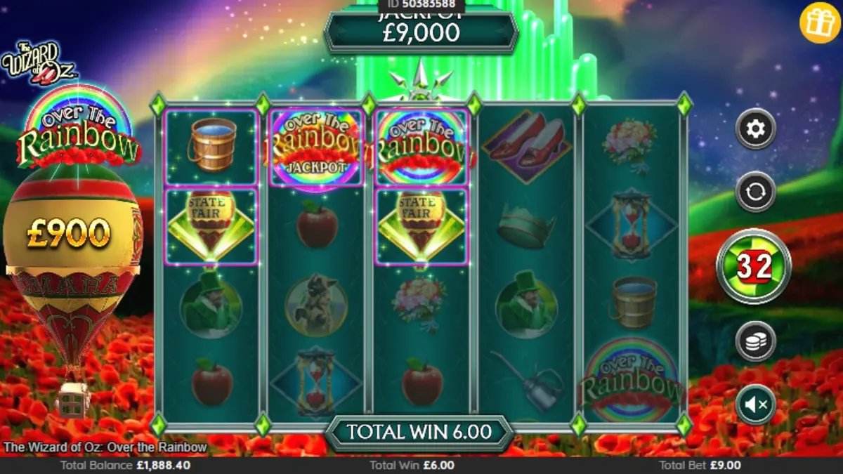 The Wizard of Oz: Over the Rainbow slot machine interface